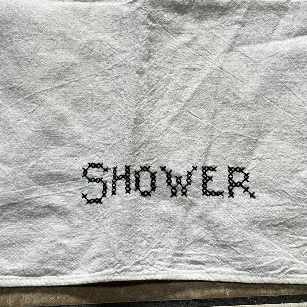 Vintage Embroidered SHOWER Hand Towel White Cotton Black Stitch Bathroom Decor